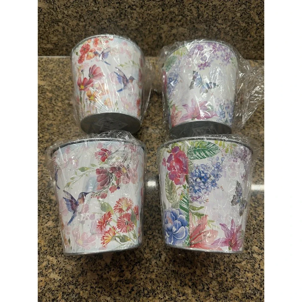 Shinoda Blooming Seasons Metal Planter‎ Set Of 4 4.7in Floral Hummingbird